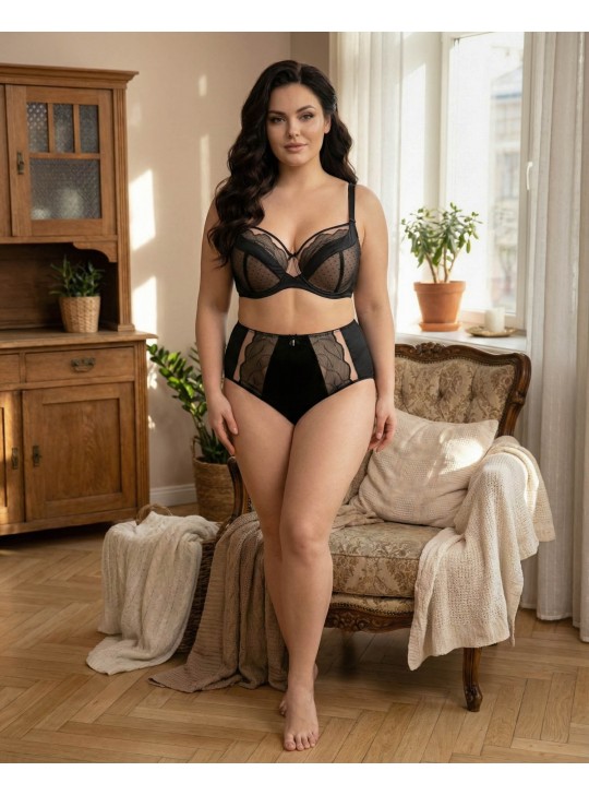 Бюстгальтер Wiwi атласний з сіткою та вишивкою 80012 чорний з бежевим 5589-3