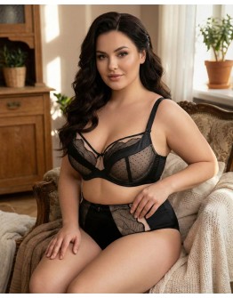 Бюстгальтер Wiwi атласний з сіткою та вишивкою 80012 чорний з бежевим 5589-3