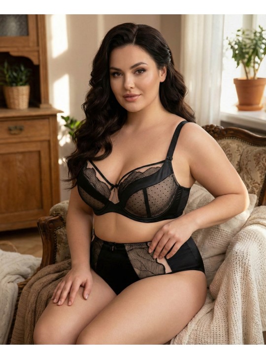 Бюстгальтер Wiwi атласний з сіткою та вишивкою 80012 чорний з бежевим 5589-3